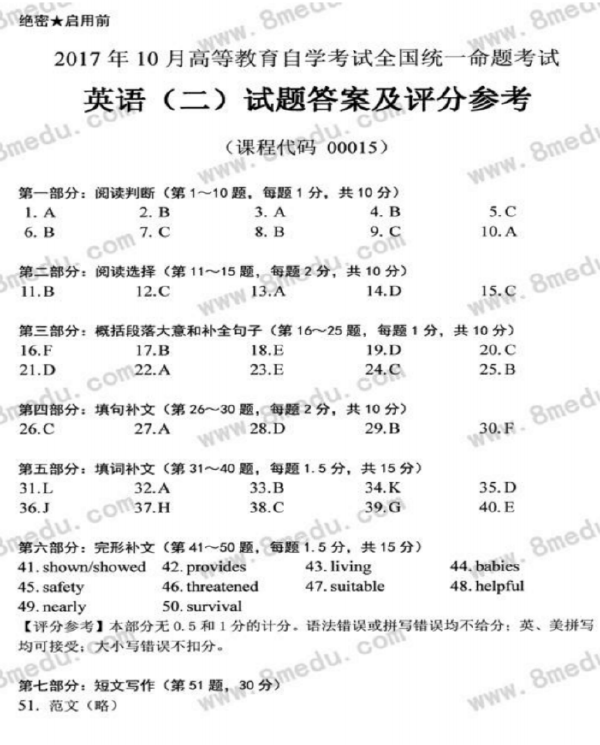 2017年10月自考英語二真題-1